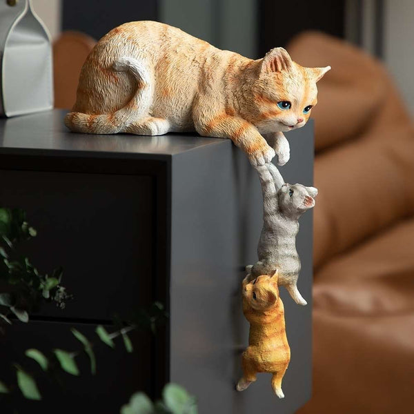 Cat Mother Hanging Two Babies Statue