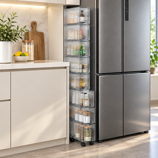 SpaceSlide Storage Tower beside refrigerator