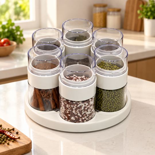SpiceNest Rotating Jar Organizer with six clear spice jars