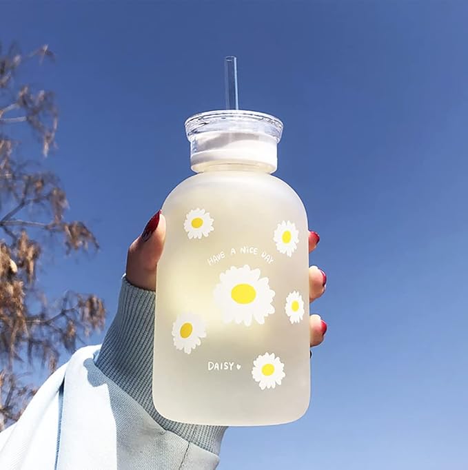 Daisy Glass Bottle with Straw