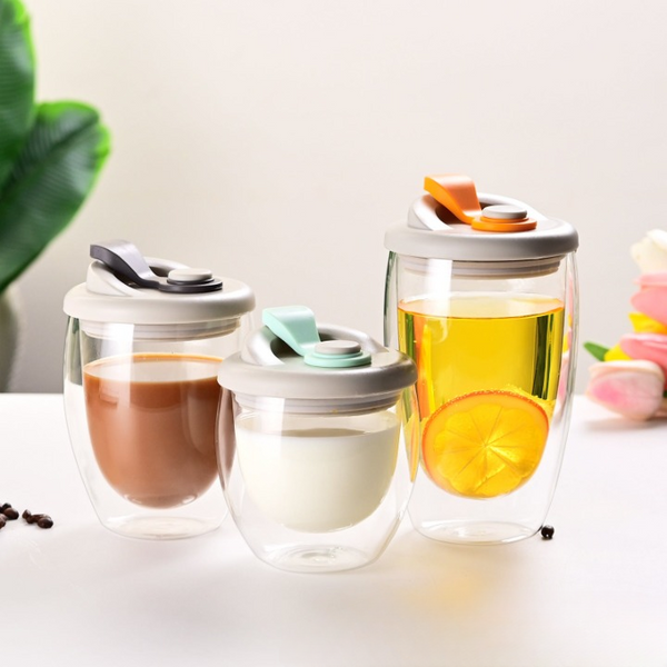 Double Layer Glass Cup With Lid