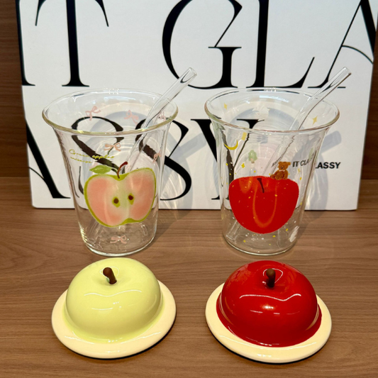 Apple Glass Cup with Lid and Straw