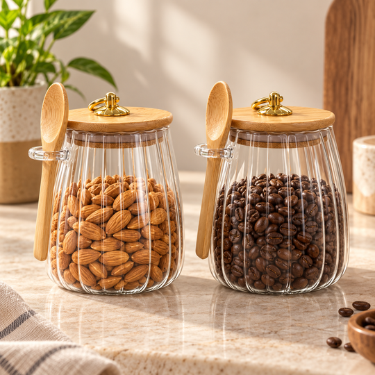 Bamboo Bloom Storage Jar pair with bamboo lids and spoons