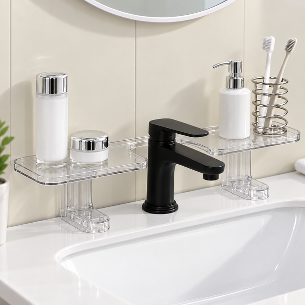 BasinBridge Storage Shelf with transparent tray and supports around a bathroom tap