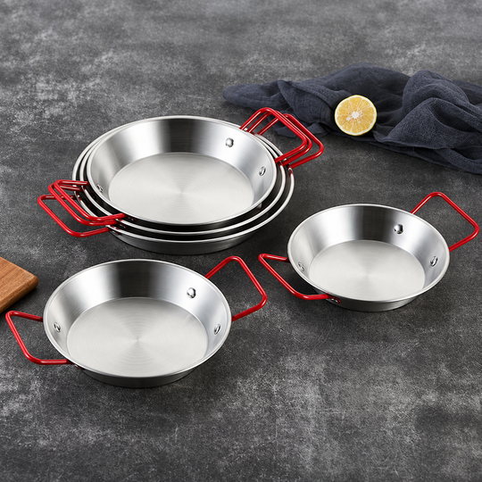Stainless steel cooking and serving pans in separately sold size options