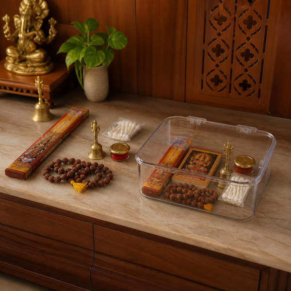Puja Samagri Storage Box before and after pooja shelf organisation